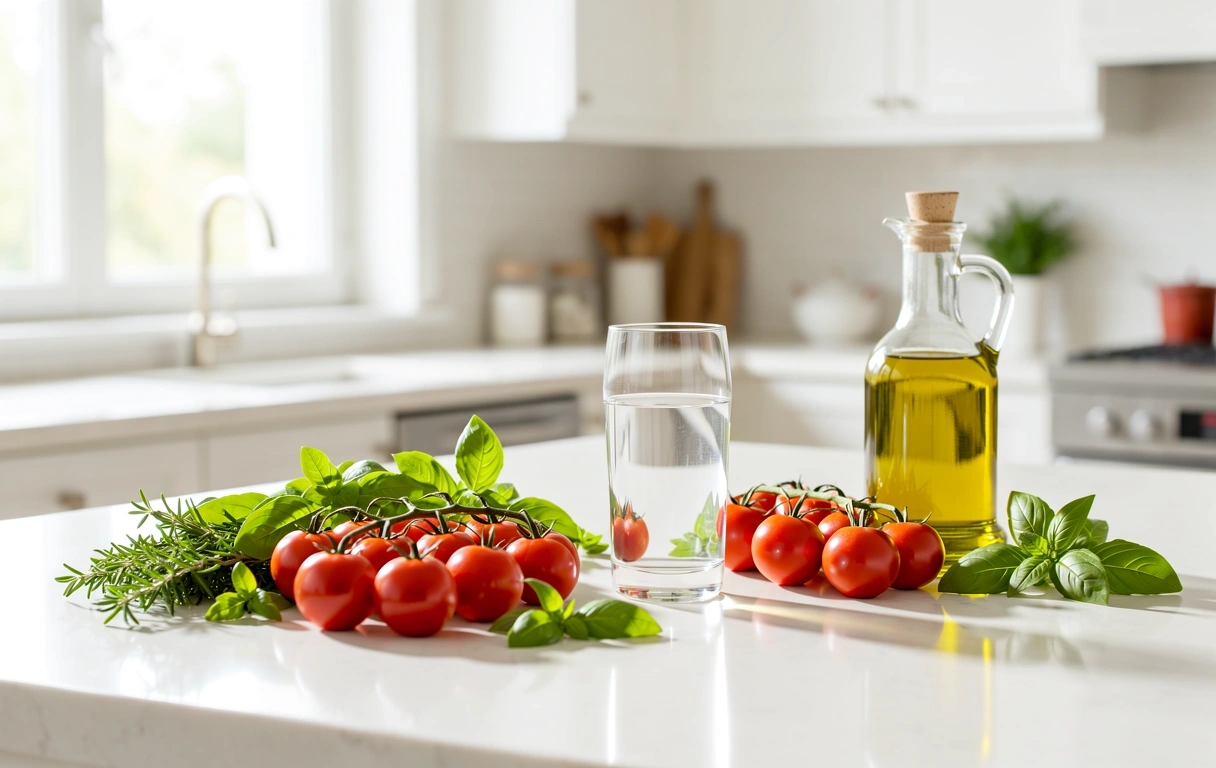 Aliments frais et sains dans une cuisine lumineuse